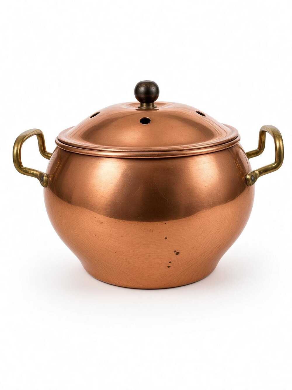 Vintage Copper Plated Covered Pot with Brass Ring Handles, Kitchen Decor